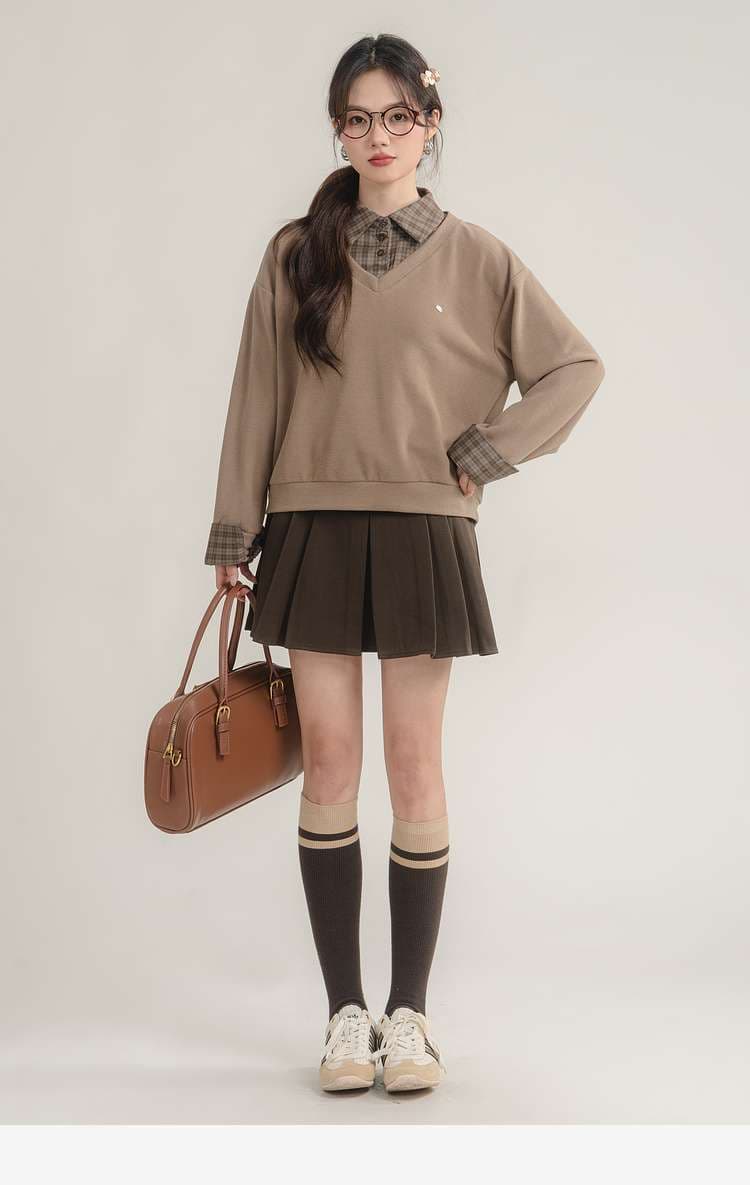 レイヤード風チェックシャツ付きトップス｜デート服