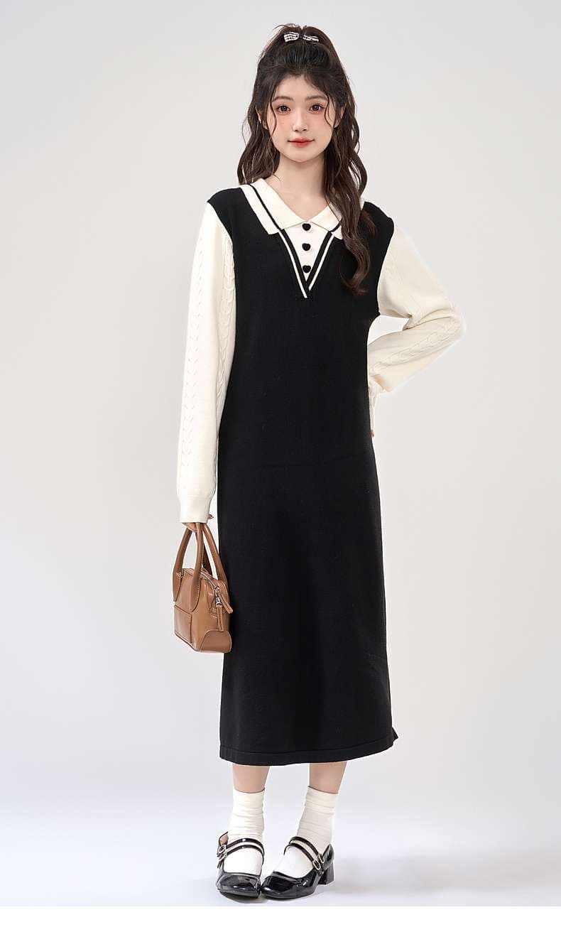 動きやすさもかわいさも叶う、襟付きバイカラーニットワンピース｜デート服