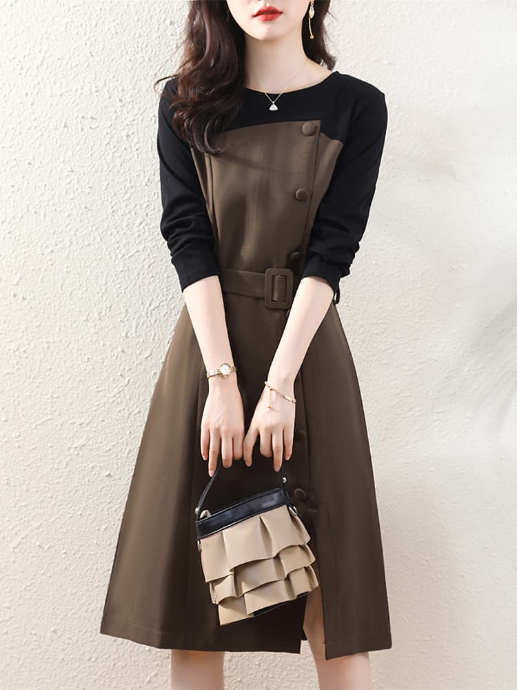 バイカラー切り替えボタンワンピース｜デート服
