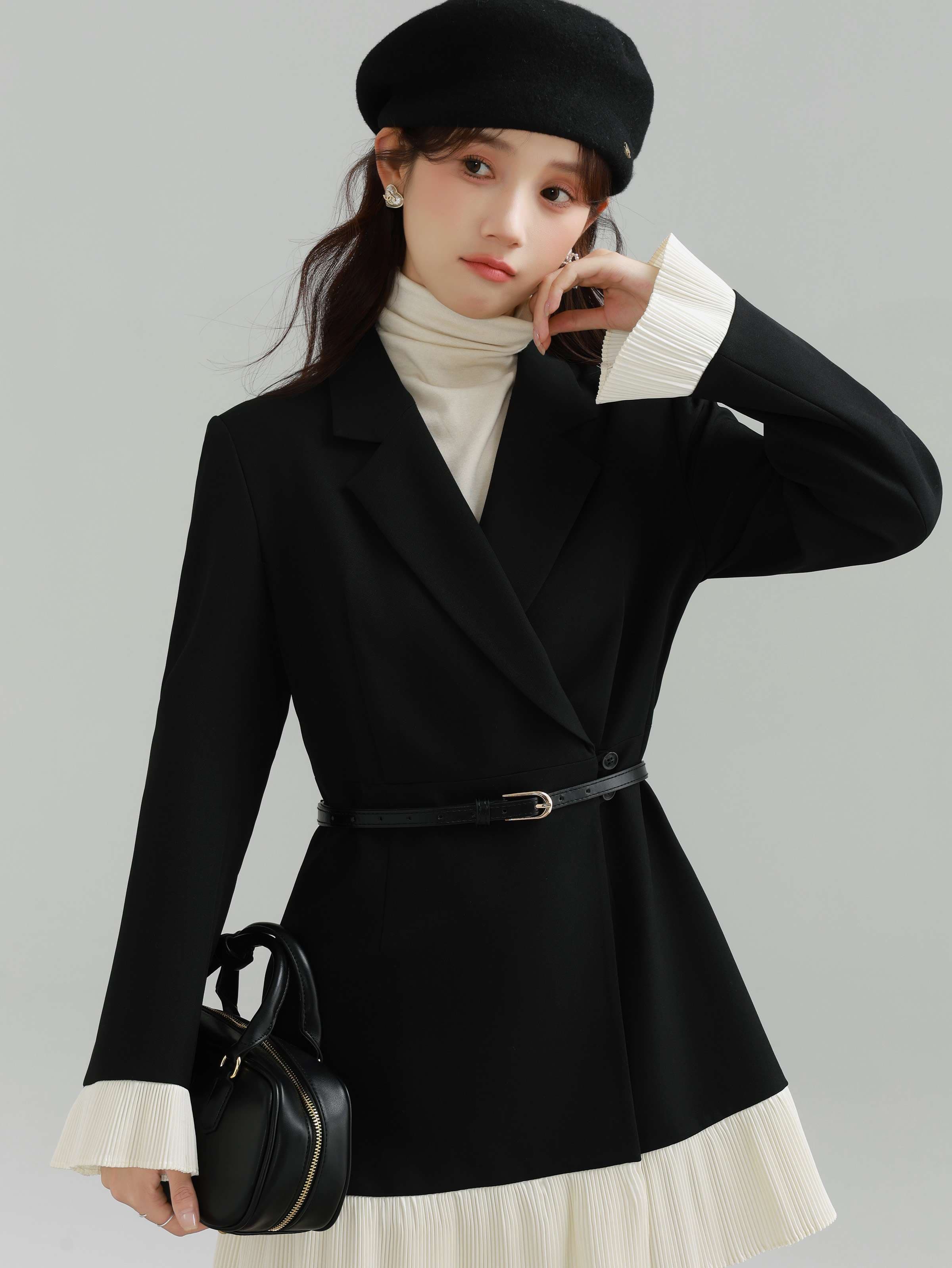 プリーツヘムベルト付きジャケットワンピース｜デート服