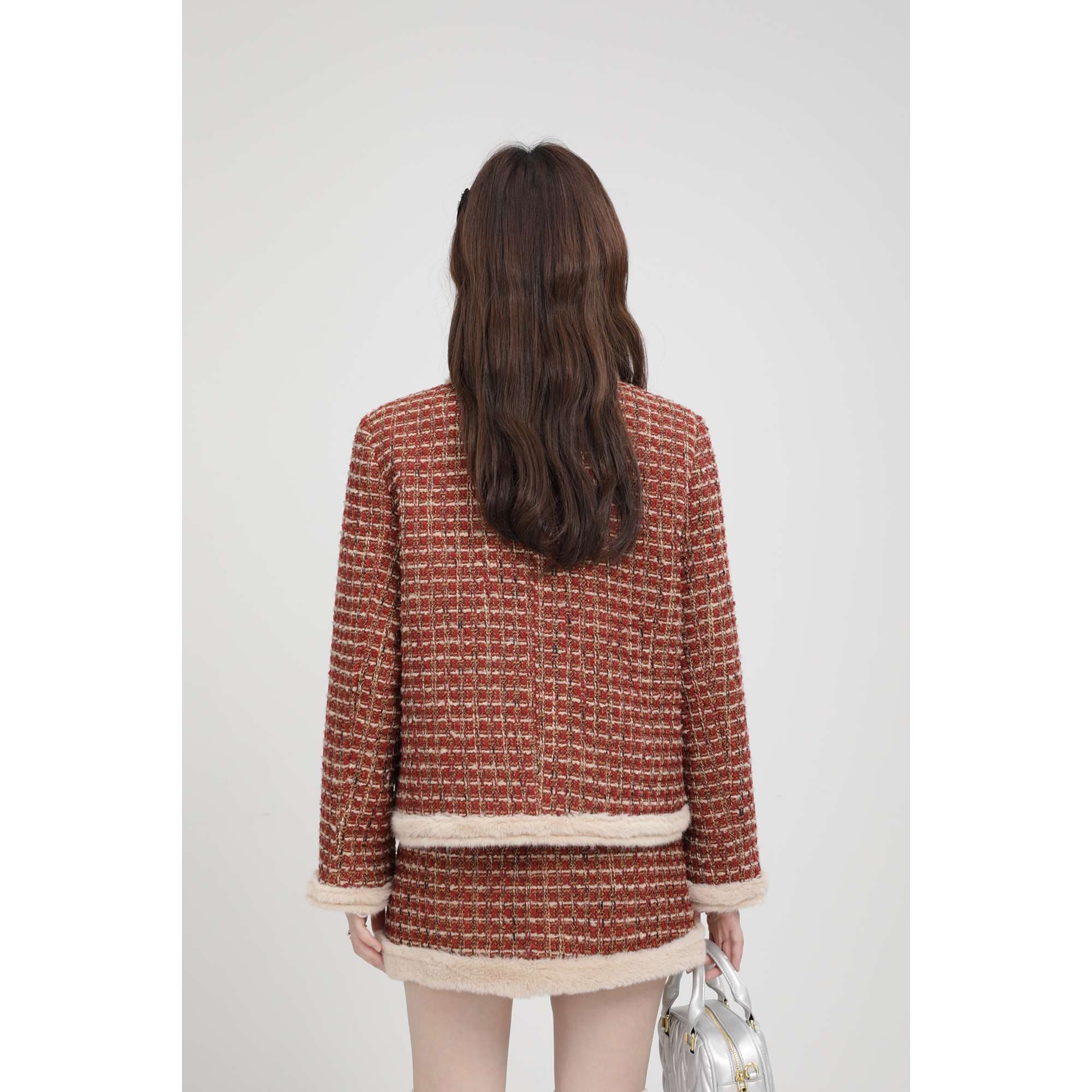 ファー付きツイードセットアップ｜デート服