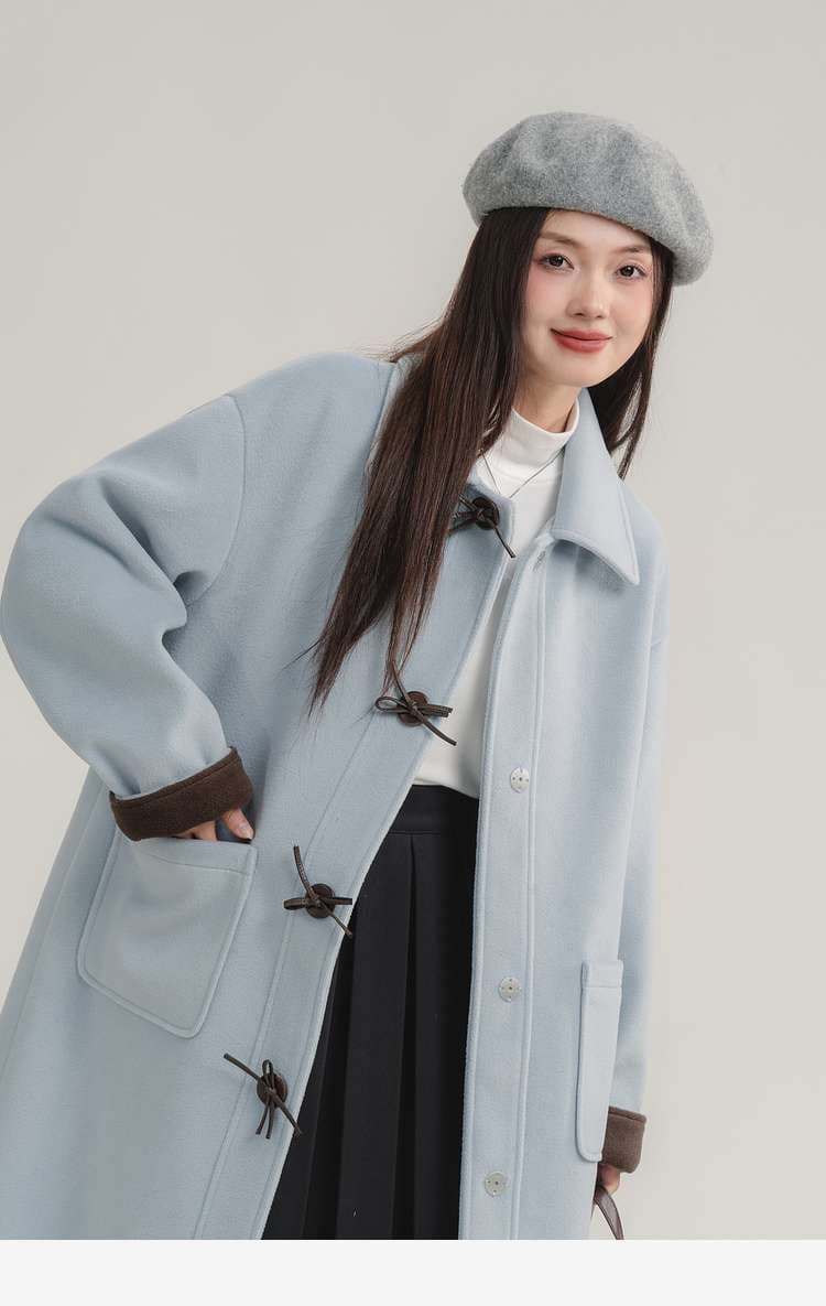 バイカラーダッフルロングコート｜デート服