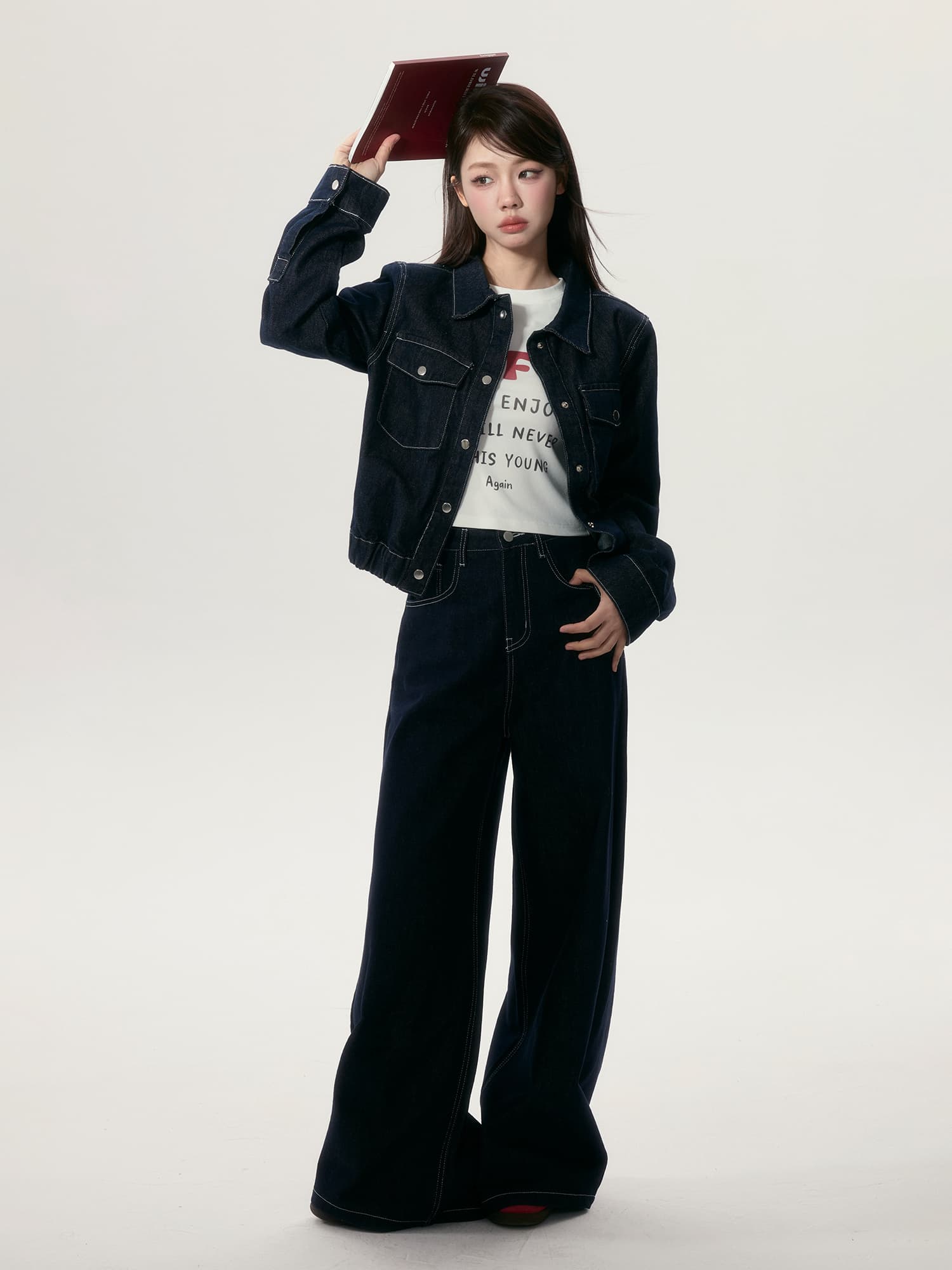 ステッチデニムジャケット×ワイドパンツ セットアップ風コーデ｜デート服