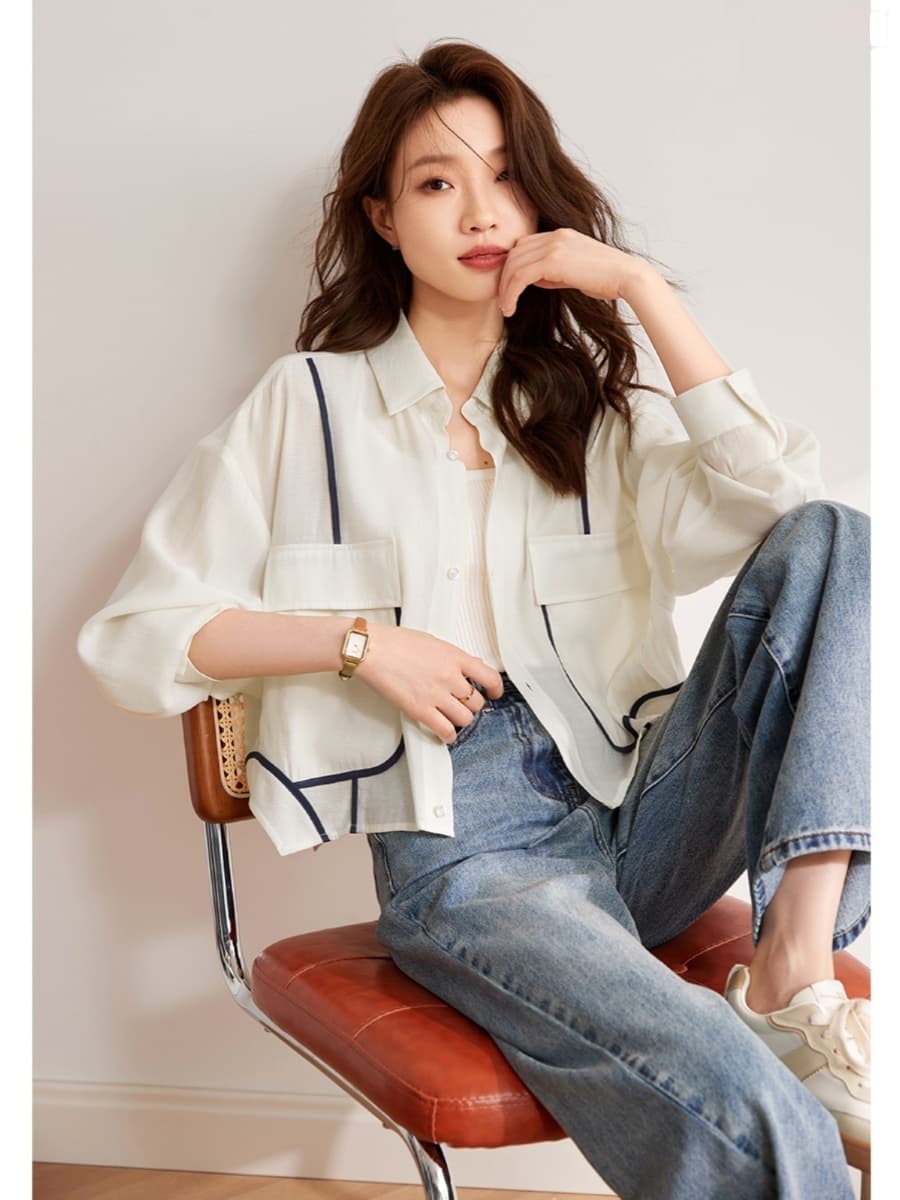 配色ラインポケットシャツ｜デート服