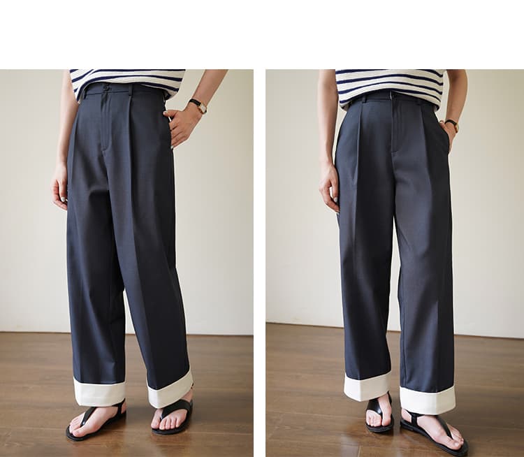 配色ロールヘム・タックパンツ｜デート服