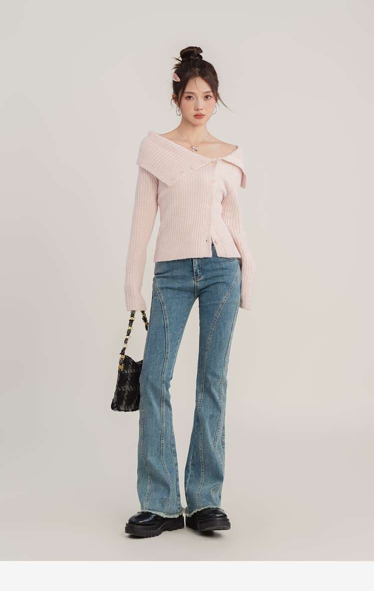 襟抜きリブカーディガン｜デート服