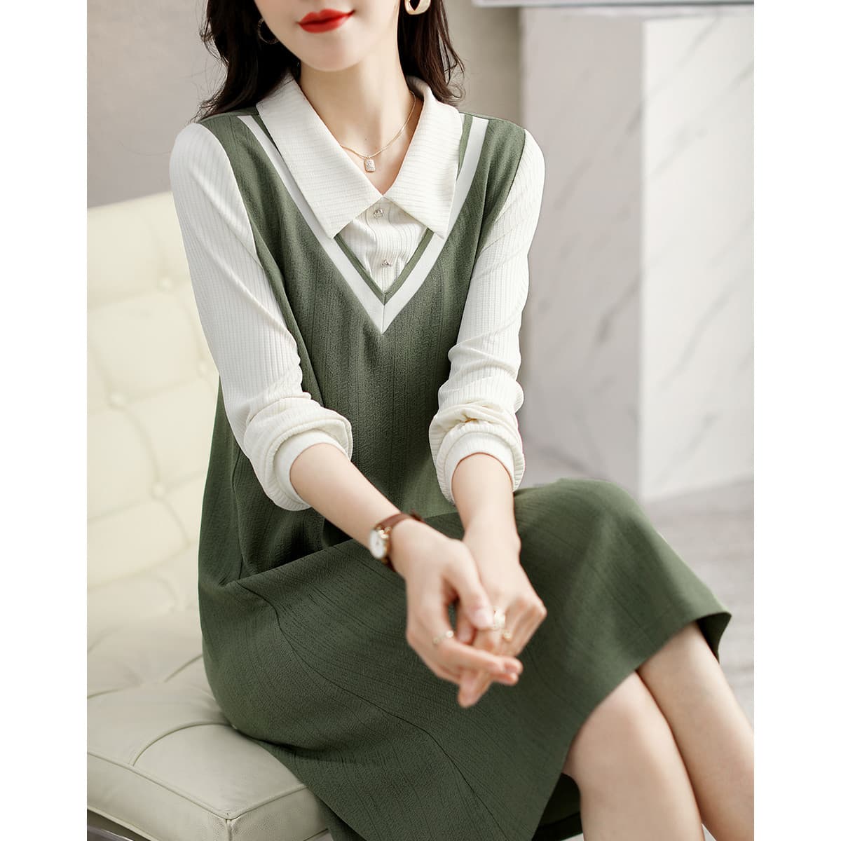 ポロカラーロングシャツ＆Vネックワンピースセット｜デート服