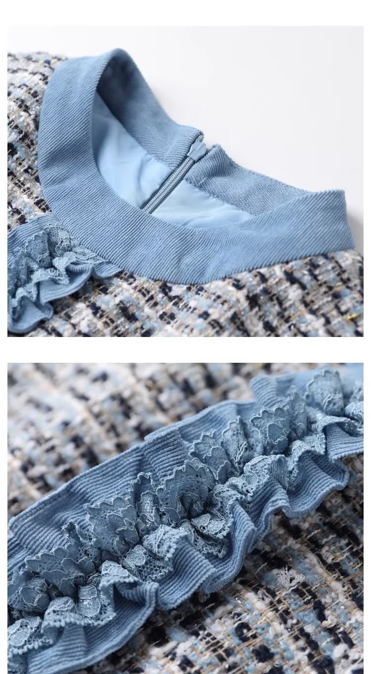 すっきり見えも叶う、切り替えデザインのデニムスリーブツイードワンピース｜デート服