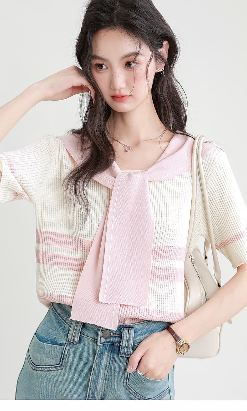 肩掛け風ボーダーニットトップス｜デート服