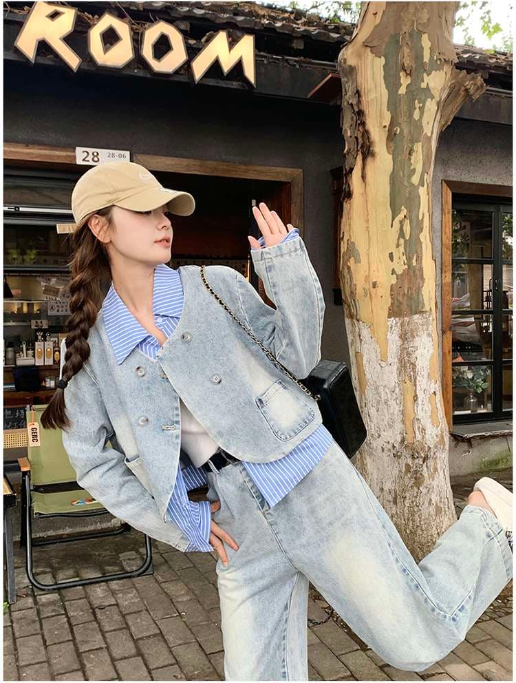 ダブルボタンデニムジャケット&ボトムス セットアップ｜デート服