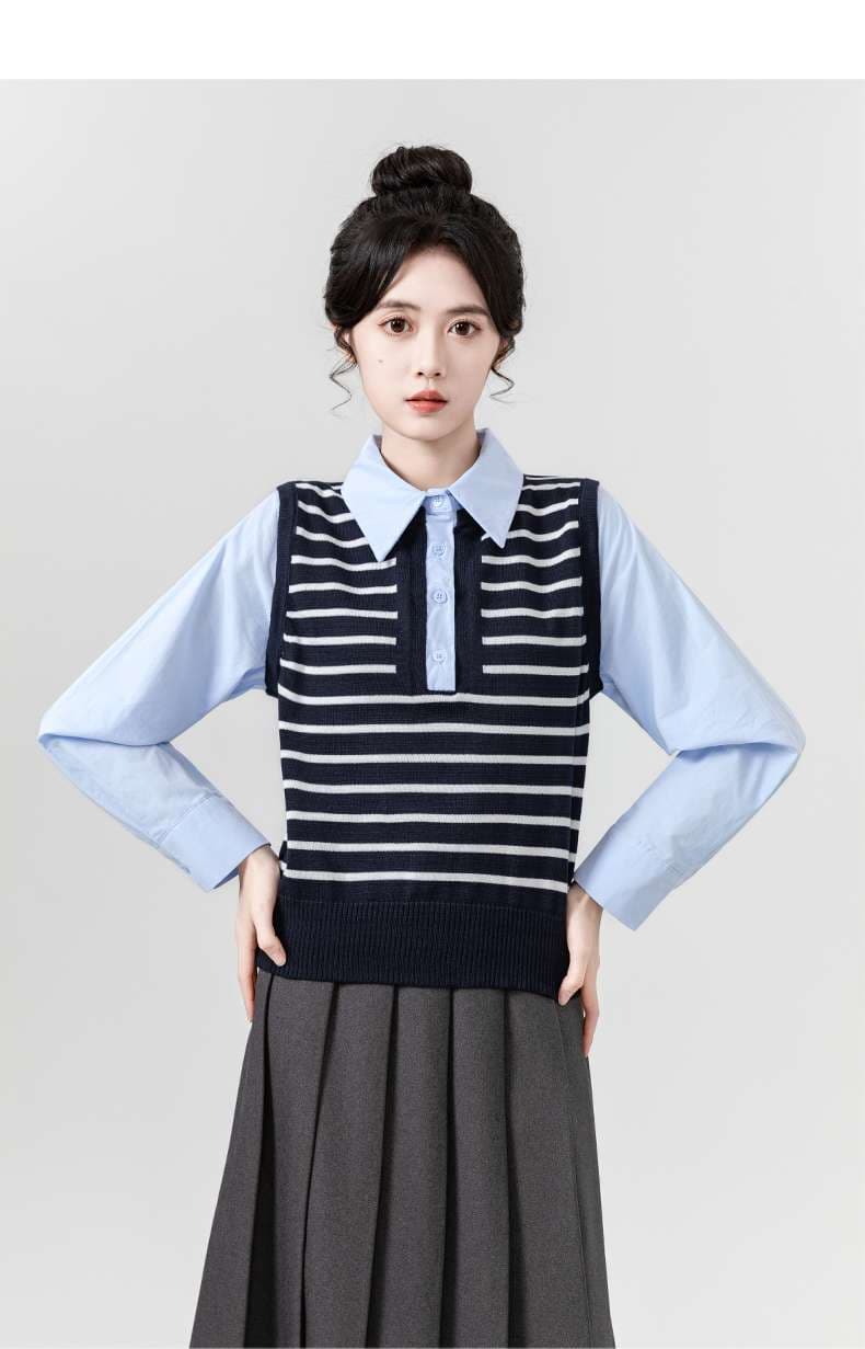 レイヤードニットベスト襟付きシャツ｜デート服