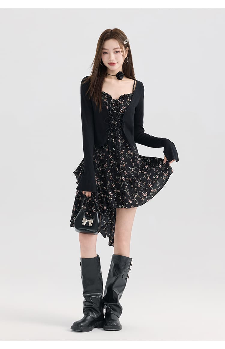 デート服 甘辛ミックス花柄レイヤードワンピース