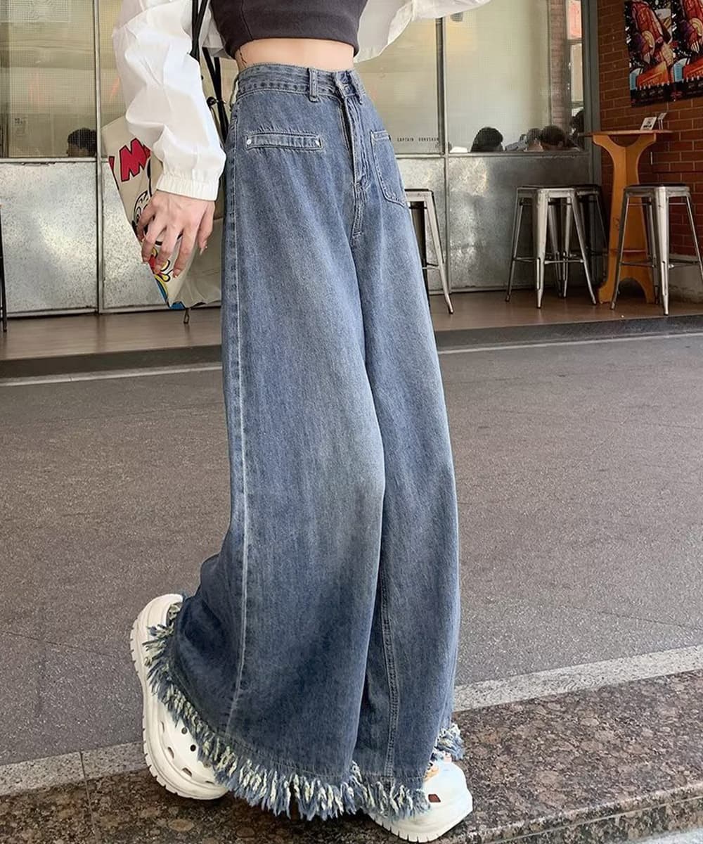デート服 フリンジ裾 ワイドデニムパンツ 美脚ズボン