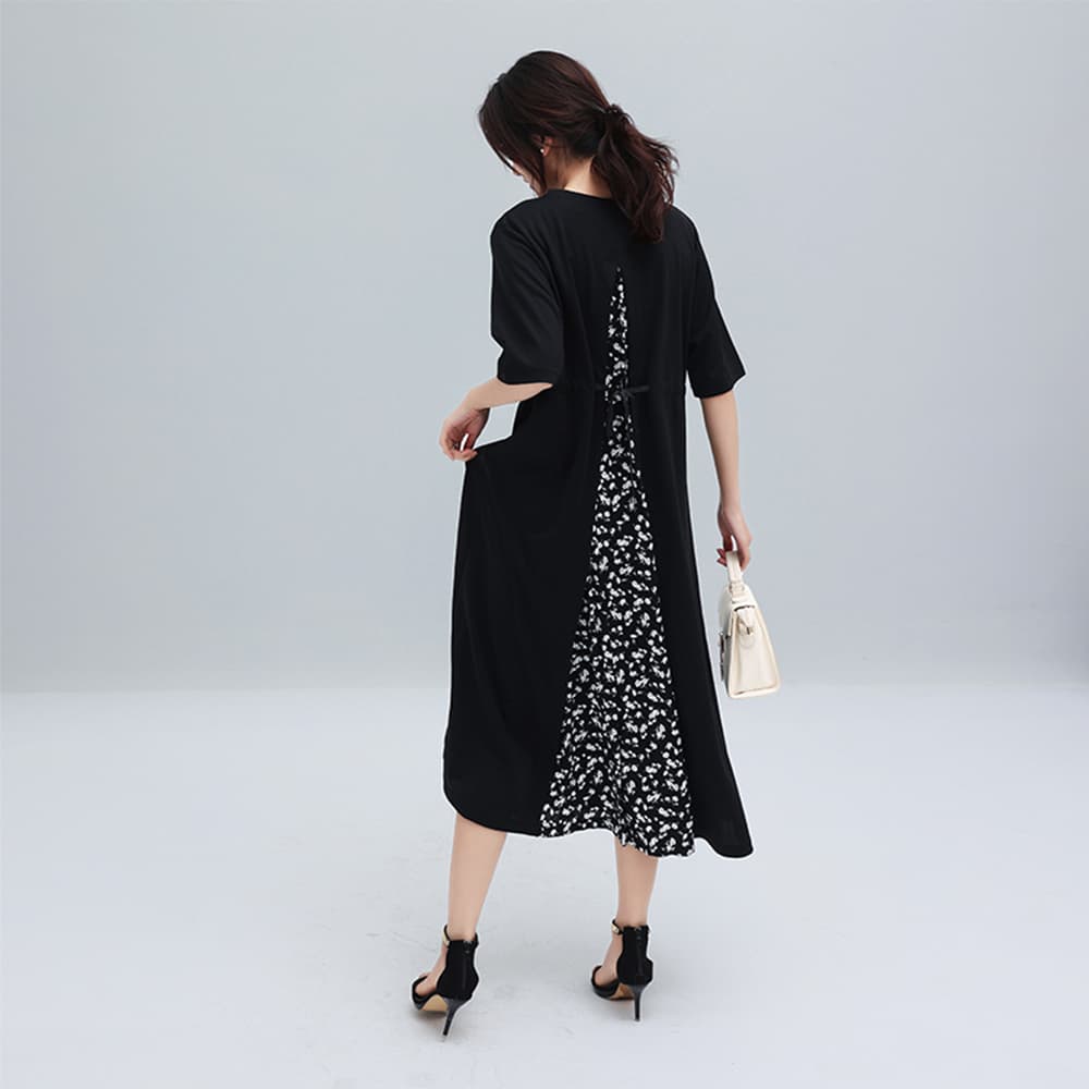 デート服 バック切り替え 上品ミモレ丈ワンピース