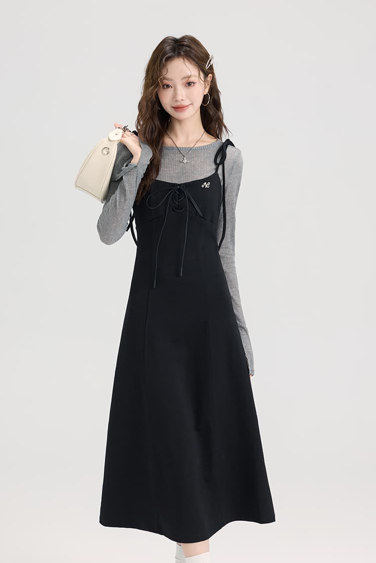 レースアップキャミワンピース＆シアーリブニットトップスセット｜デート服