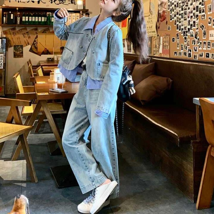 ダブルボタンデニムジャケット&ボトムス セットアップ｜デート服