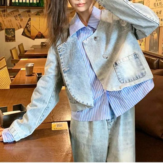 ダブルボタンデニムジャケット&ボトムス セットアップ｜デート服