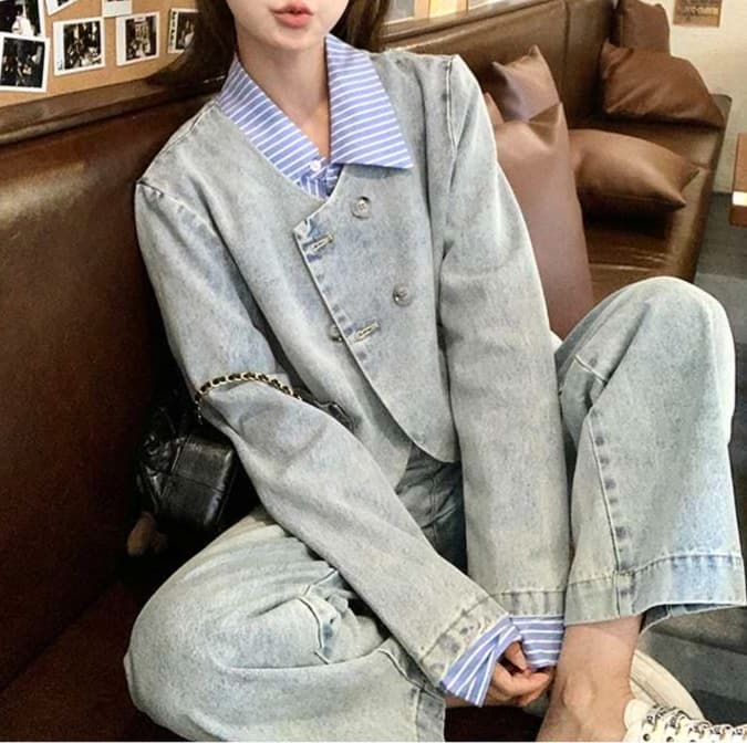 ダブルボタンデニムジャケット&ボトムス セットアップ｜デート服