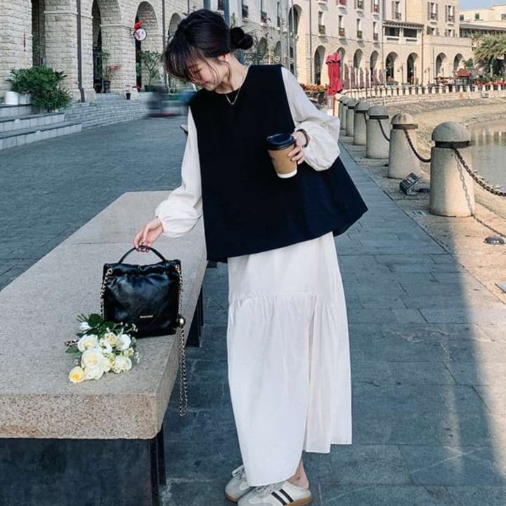 レイヤードワンピース+ベスト セットアップ｜デート服