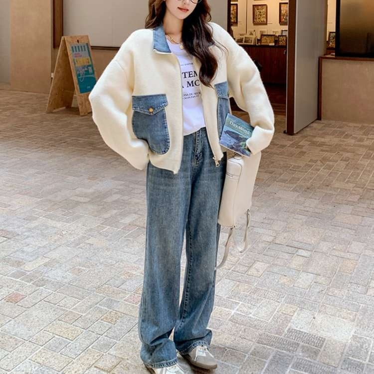 デニムポケット付きニットジャケット｜デート服
