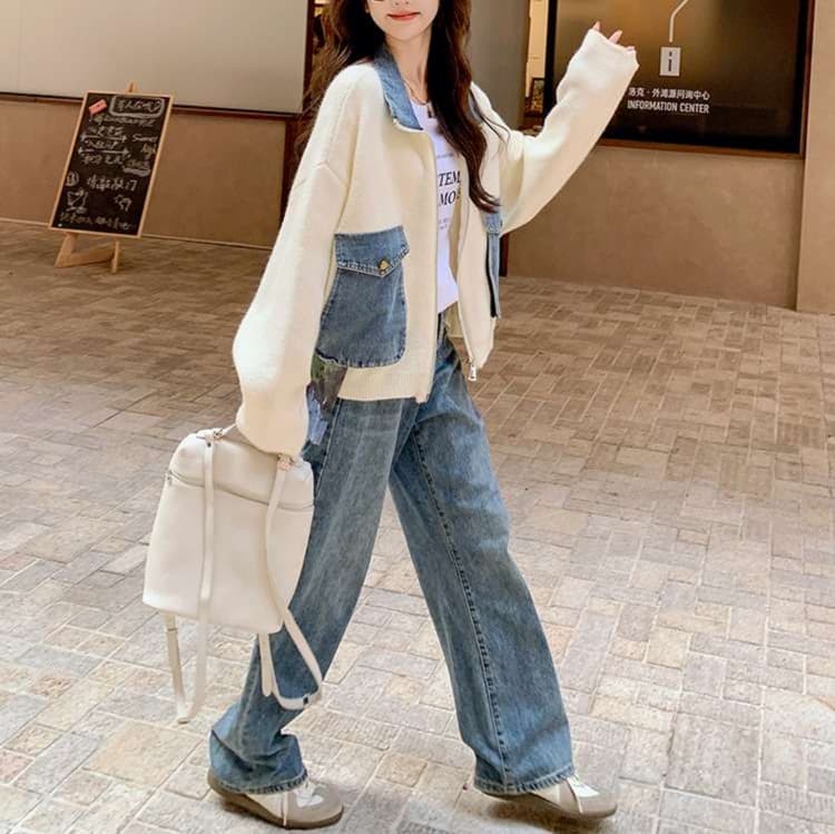 デニムポケット付きニットジャケット｜デート服