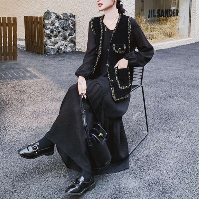 ツイード風ベスト＋ワンピース 2点セット｜デート服