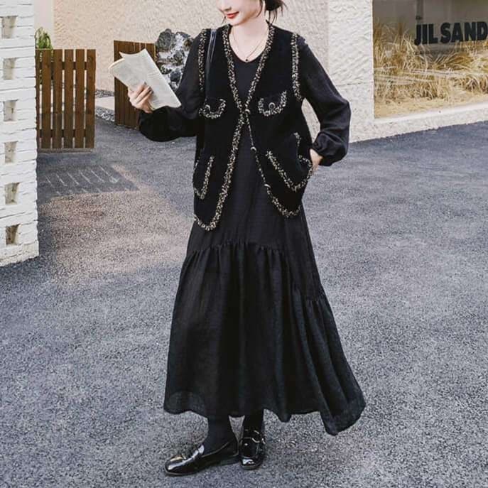 ツイード風ベスト＋ワンピース 2点セット｜デート服