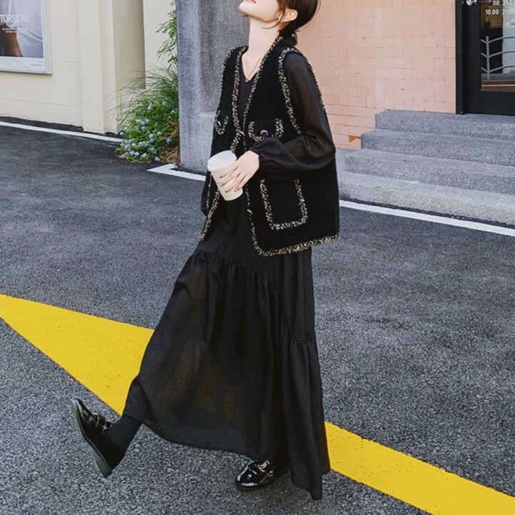 ツイード風ベスト＋ワンピース 2点セット｜デート服