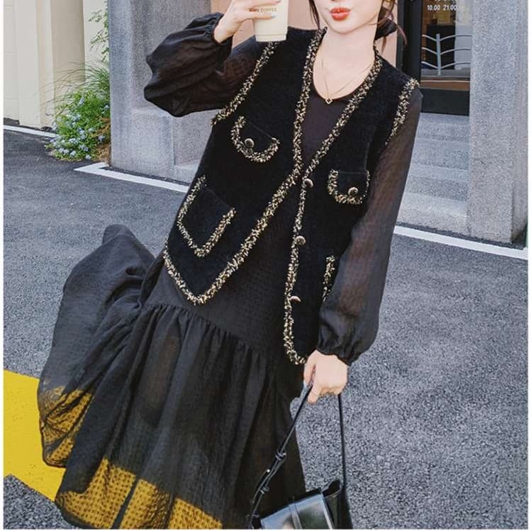 ツイード風ベスト＋ワンピース 2点セット｜デート服