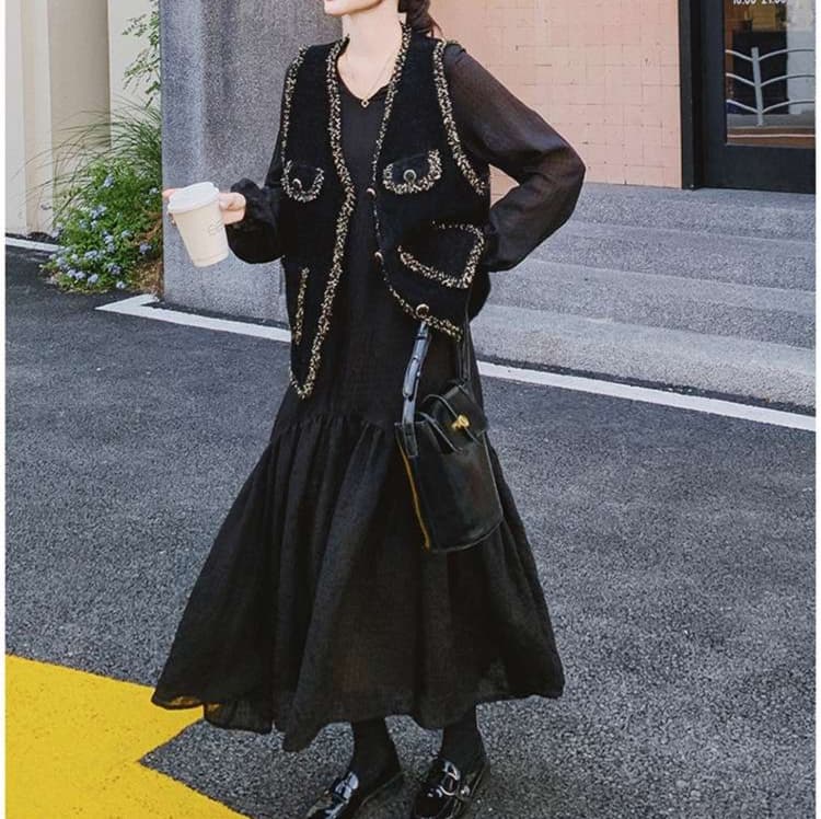 ツイード風ベスト＋ワンピース 2点セット｜デート服