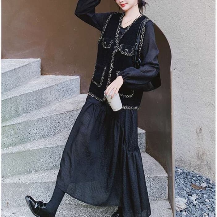 ツイード風ベスト＋ワンピース 2点セット｜デート服