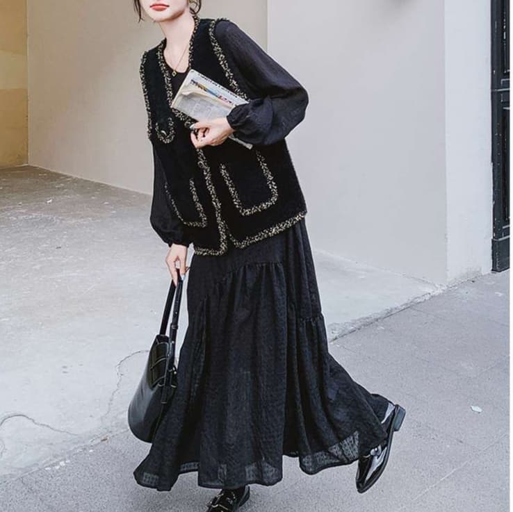 ツイード風ベスト＋ワンピース 2点セット｜デート服