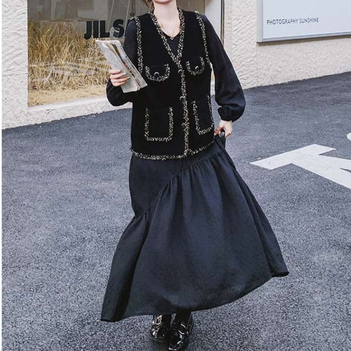 ツイード風ベスト＋ワンピース 2点セット｜デート服