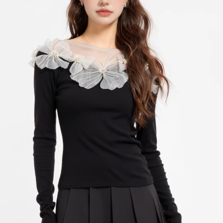 花柄メッシュ装飾オフショルダーニット｜デート服