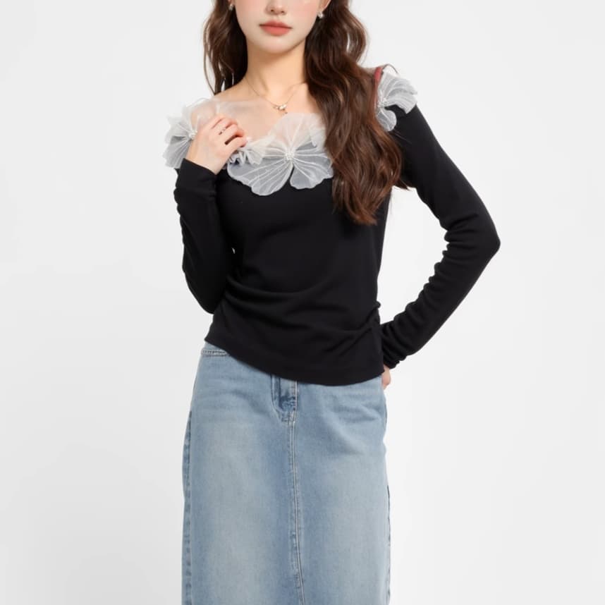 花柄メッシュ装飾オフショルダーニット｜デート服