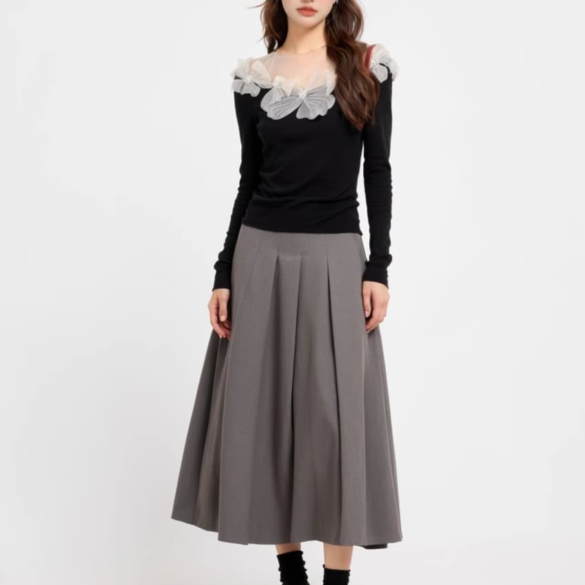花柄メッシュ装飾オフショルダーニット｜デート服