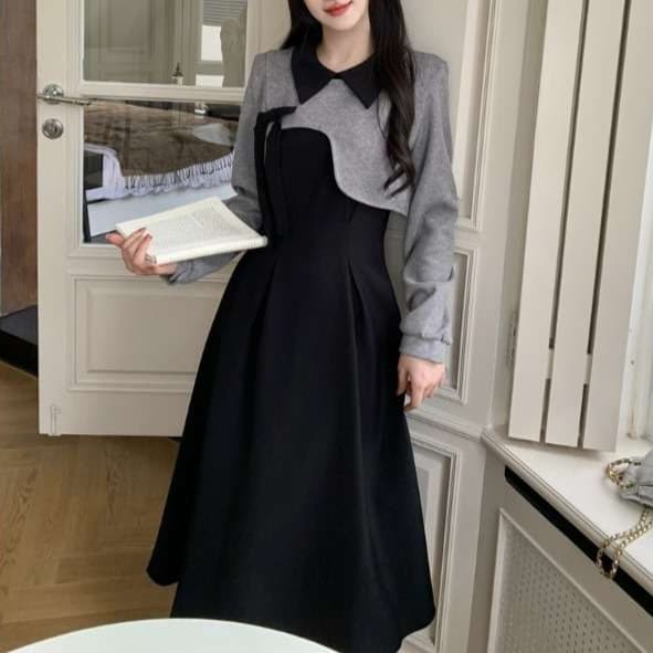 フリルカラー長袖ボレロ付きワンピース｜デート服