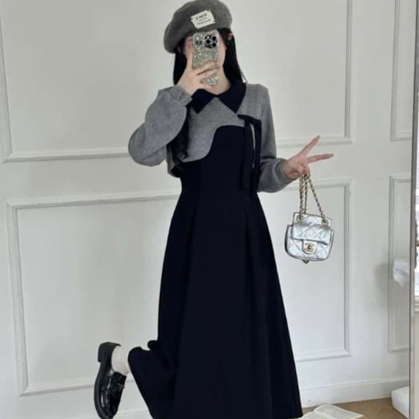 フリルカラー長袖ボレロ付きワンピース｜デート服