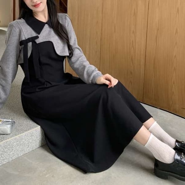 フリルカラー長袖ボレロ付きワンピース｜デート服