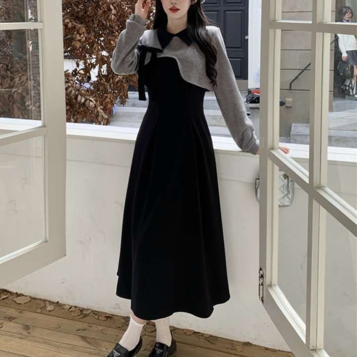 フリルカラー長袖ボレロ付きワンピース｜デート服