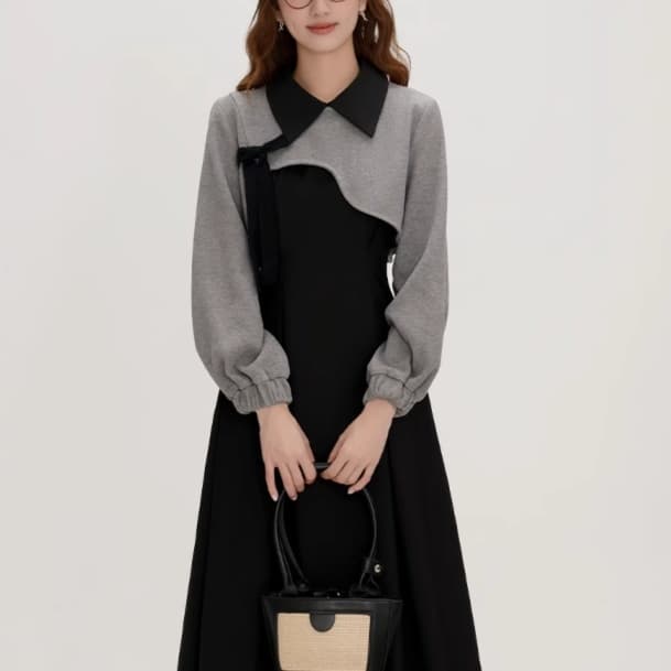 フリルカラー長袖ボレロ付きワンピース｜デート服