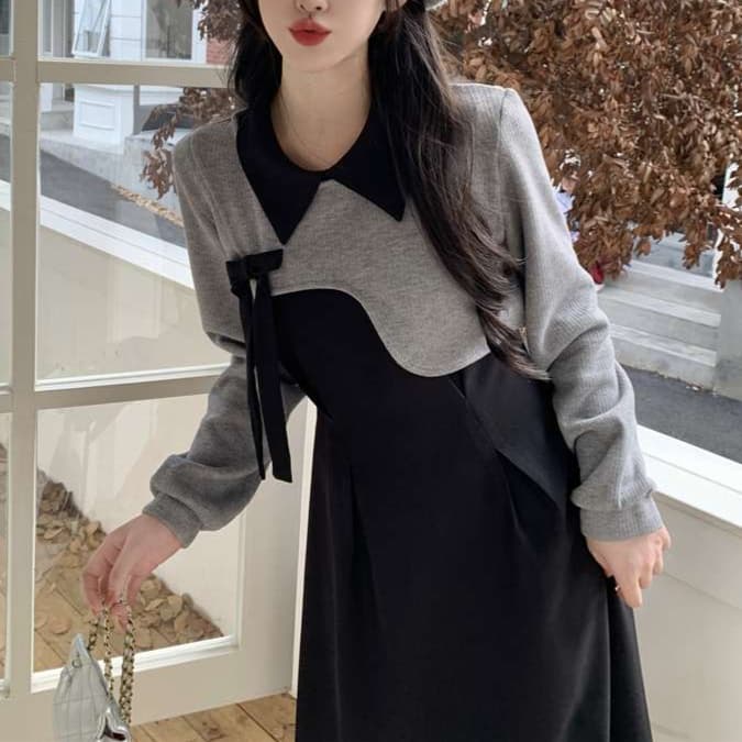フリルカラー長袖ボレロ付きワンピース｜デート服
