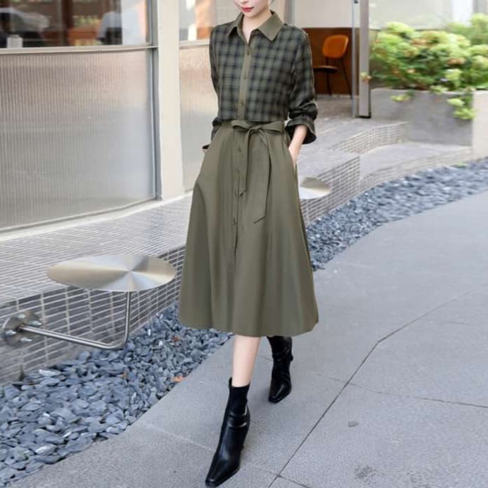 チェック柄切り替えシャツワンピース｜デート服