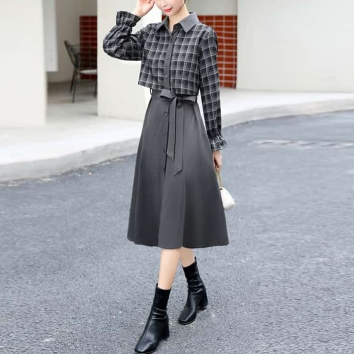チェック柄切り替えシャツワンピース｜デート服