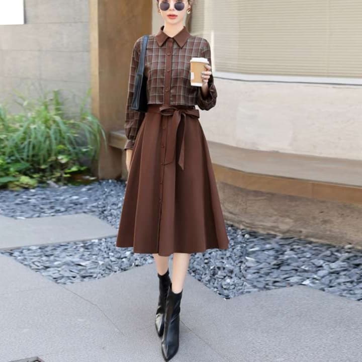 チェック柄切り替えシャツワンピース｜デート服
