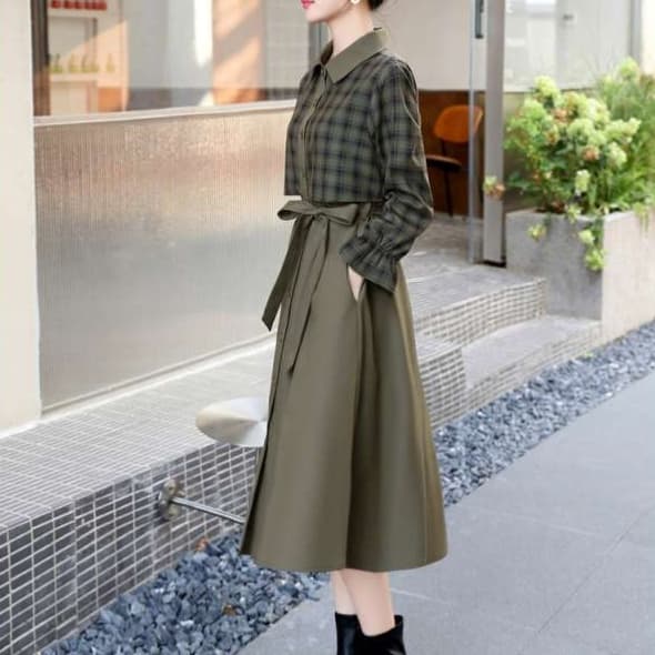 チェック柄切り替えシャツワンピース｜デート服