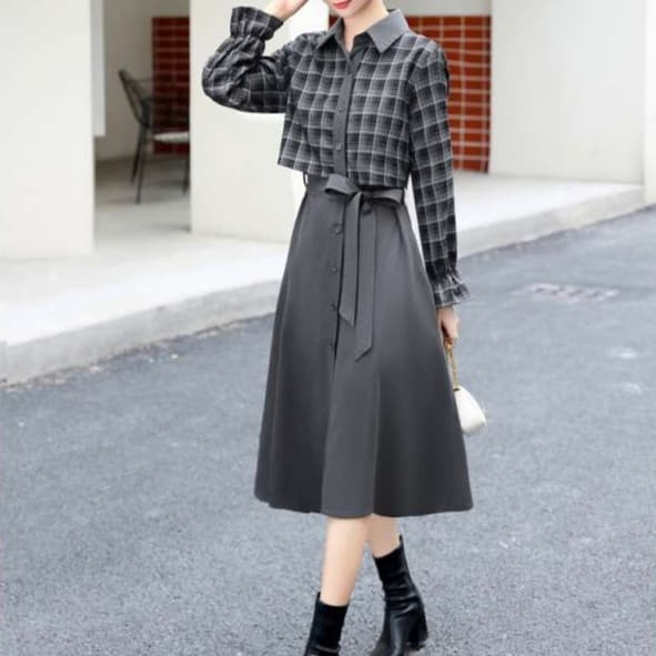 チェック柄切り替えシャツワンピース｜デート服