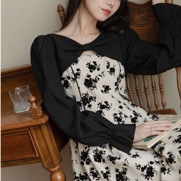 花柄切り替えパフスリーブワンピース｜デート服