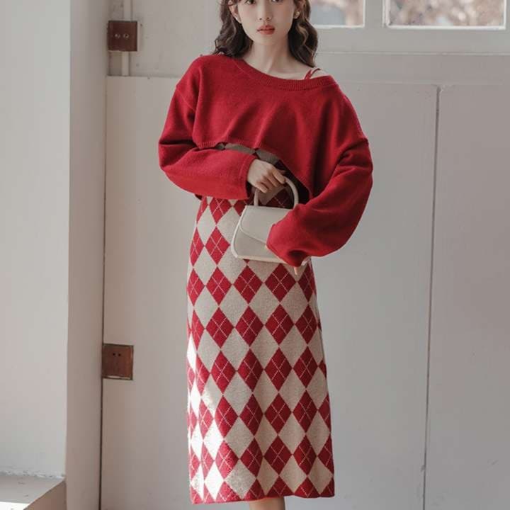 冬色ダイヤ柄ニットカーディガン｜デート服