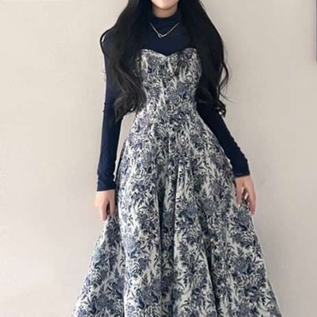 ※売り切れ　ハイネック長袖シアートップス+ワンピース 2点セット｜デート服